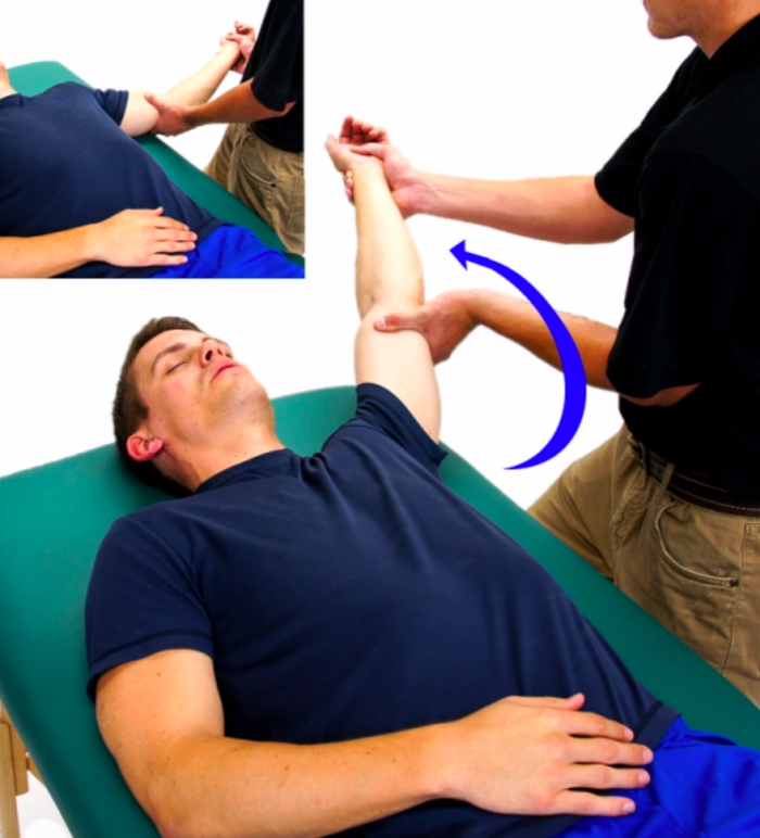 caregiver assisted stretch toward shoulder flexion