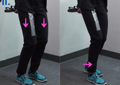 Image of Tara Tobias demonstrating crouch walking. The left grid shows her with knees bent, while the right grid captures her taking a small step forward, maintaining a bent-knee posture.