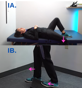 Collage image of Tara Tobias laying down with her right leg dangling off the bed and her left leg bent. The image below it shows her legs with her left foot on a wedge and her right foot positioned slightly in front and knee slightly bent.