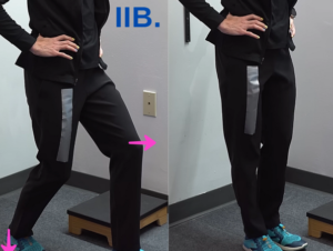Two side by side images of Tara Tobias showing her lower body. On the left, shows her leg positioned in a lunge, her right heel on the ground, and her left leg in front. An arrow pointing forward. The right image shows she's back to a standing position.