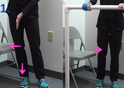 Two side by side images of Tara Tobias. The left image shows her standing while leaning towards the chair. The right image shows her moving away from the chair.