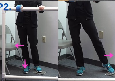 Side by side images of Tara Tobias. On the left side it shows her left foot is over a furniture slider while she shifts her weight over the right foot and leans towards the chair next to her. The right image shows her left leg positioned outwards with her foot on a furniture slider