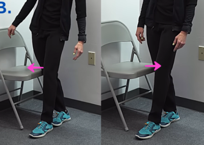 Side by side images of Tara Tobias. Her legs are positioned in midline, one leg in front of the other. On the right side it shows she is leaning towards the chair and right side shows she moves away