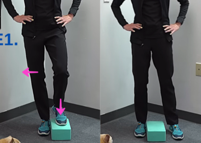 Side by side images of Tara Tobias. The left image shows she is stepping on the yoga block with her left foot and the right image shows she is standing back to her original position.