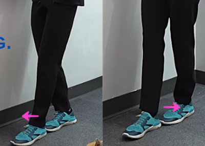 Side by side images of Tara Tobias. Right image shows her left foot positioned in tandem and an arrow pointing forwards, indicating she stepped forward and the right image shows an arrow pointing backwards which shows she stepped backwards.
