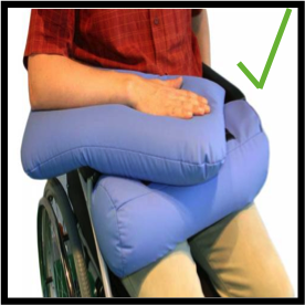 person sitting in a wheelchair with the arm supported on pillows